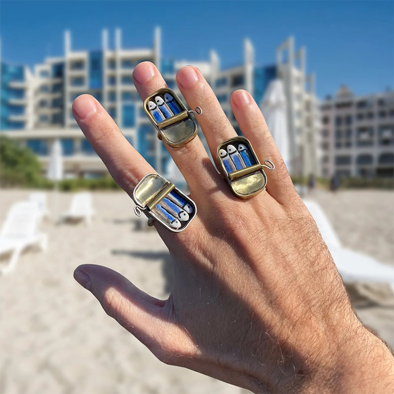 Maliben Sardine Tin Can Ring & Necklace — Quirky Enamel Jewelry