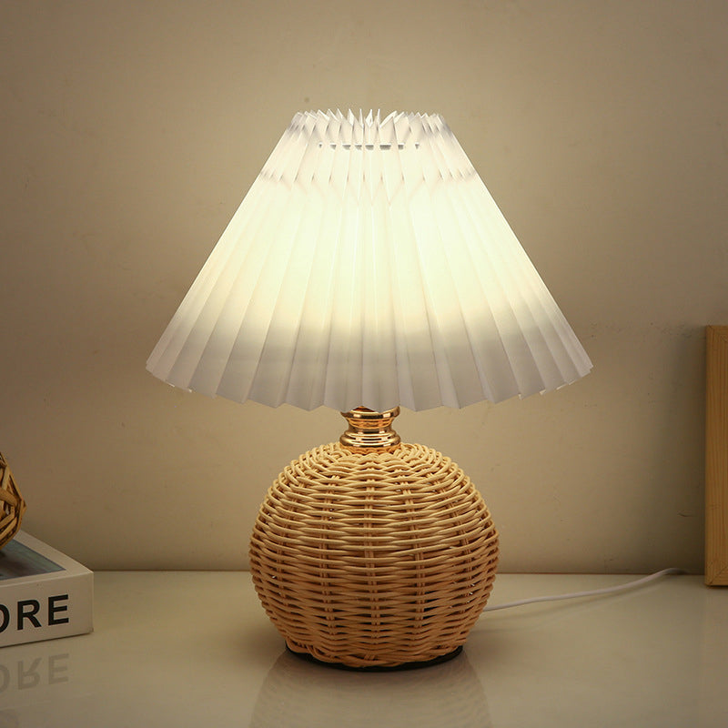 Maliben | Rattalume Nordic Led Table Lamp | Woven Rattan & Foldable Fabric Shade | Mood Light | Decor For The Bedroom