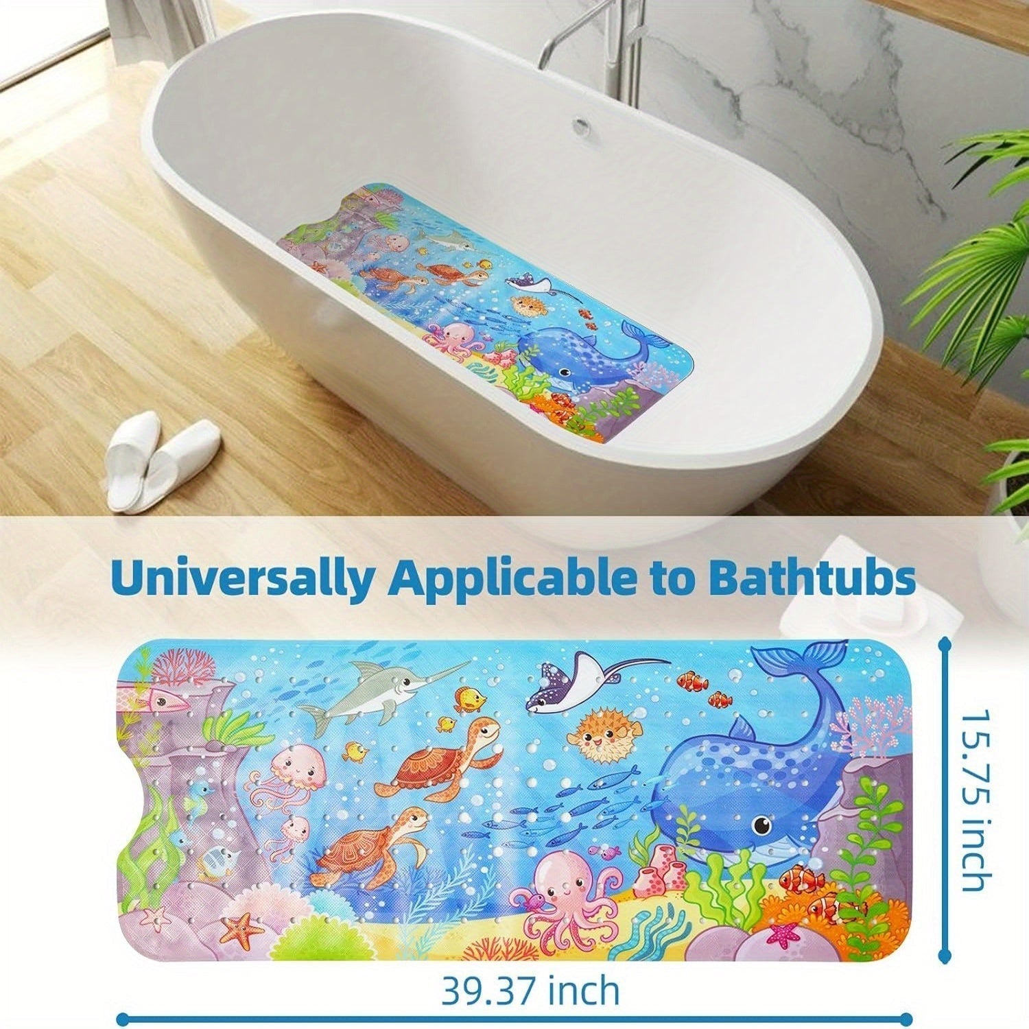Maliben | Non-Slip Bathtub Mat Aquabuddy | Extra Long & Washable | With Sea Motif & Suction Cups | For Kids' Bath