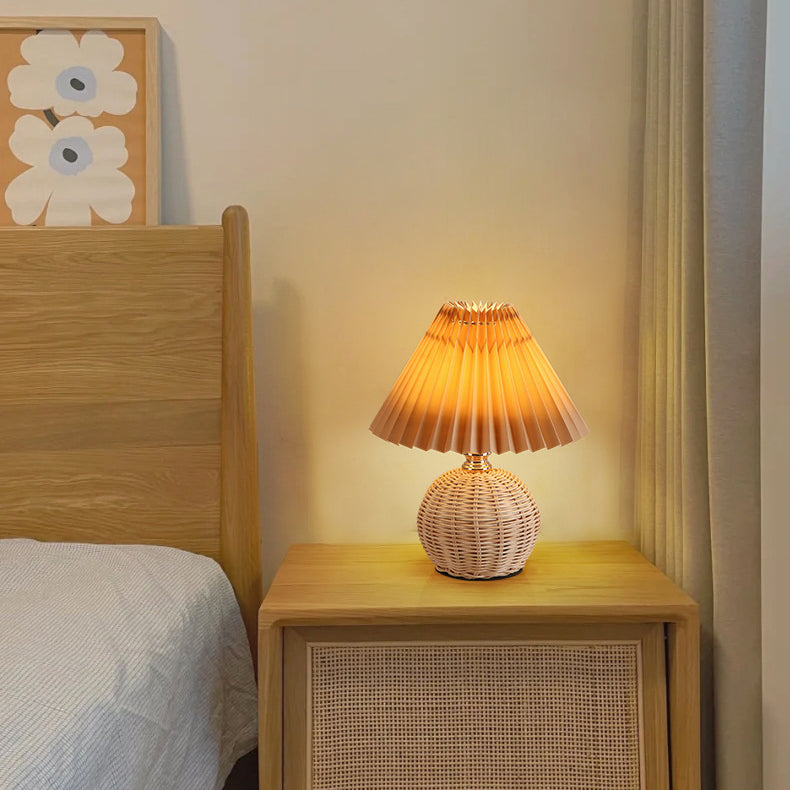 Maliben | Rattalume Nordic Led Table Lamp | Woven Rattan & Foldable Fabric Shade | Mood Light | Decor For The Bedroom
