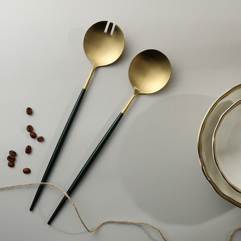 Maliben | Black and gold salad cutlery and serving utensils set