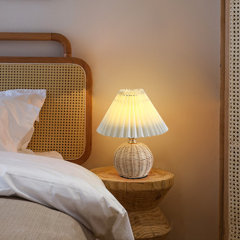 Maliben | Rattalume Nordic Led Table Lamp | Woven Rattan & Foldable Fabric Shade | Mood Light | Decor For The Bedroom