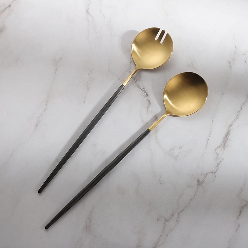 Maliben | Black and gold salad cutlery and serving utensils set