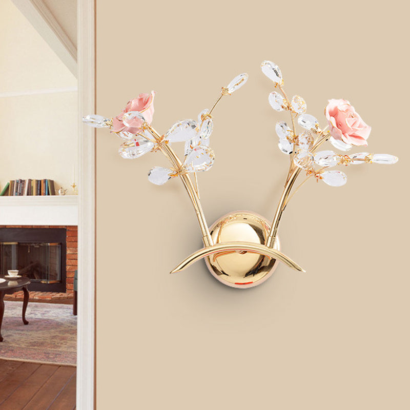 Maliben | Branches Hall Wall Light Contemporary Clear Crystal Raindrops 2 Heads Gold Wall Mount Lamp With Rose Design