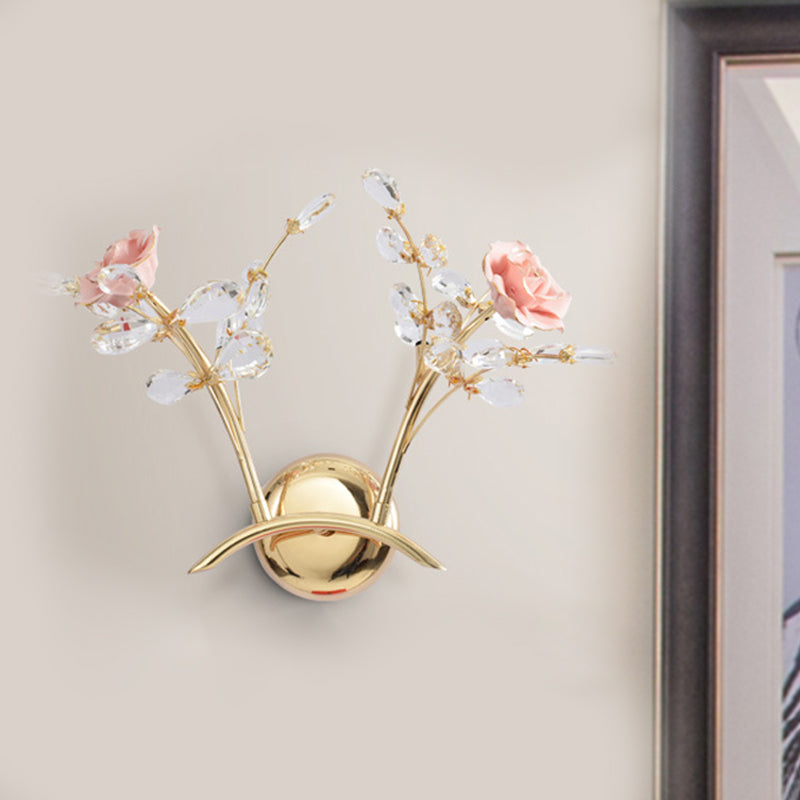 Maliben | Branches Hall Wall Light Contemporary Clear Crystal Raindrops 2 Heads Gold Wall Mount Lamp With Rose Design