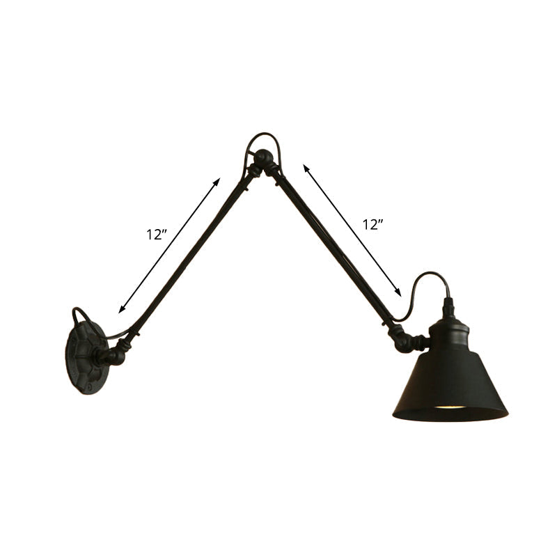 Maliben | 1 Head Cone-Shaped Wall Mount Retro Style Black/Chrome Metal Swing Arm Wall Light For The Study