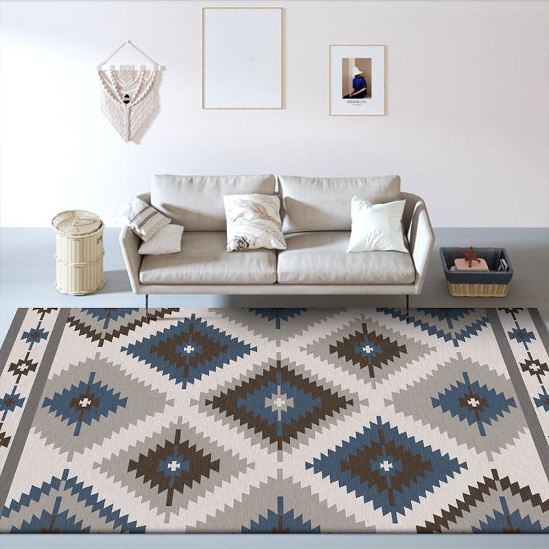 Maliben | Blue And Gray Southwest Rug Polyester Geometric Pattern Rug Washable Non-Slip Bottom Rug For Living Room