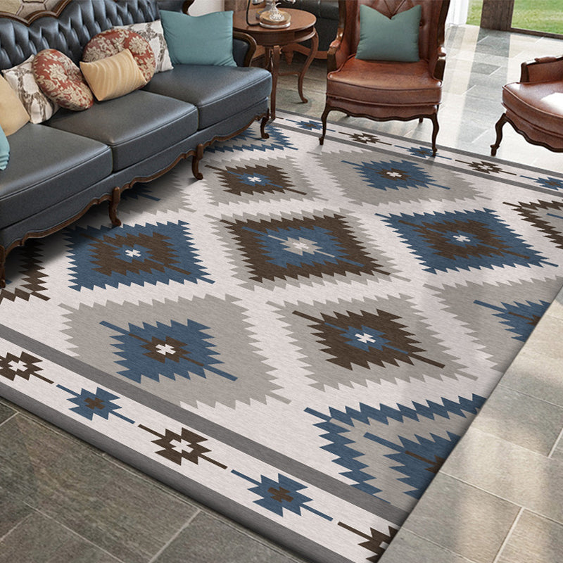 Maliben | Blue And Gray Southwest Rug Polyester Geometric Pattern Rug Washable Non-Slip Bottom Rug For Living Room