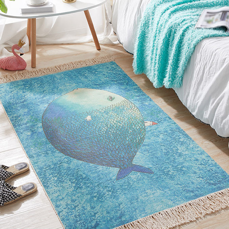 Maliben | Blue Children's Room Carpet Children's Animal Fish Pattern Carpet Made Of Cotton And Linen Washable Carpet With Fringes