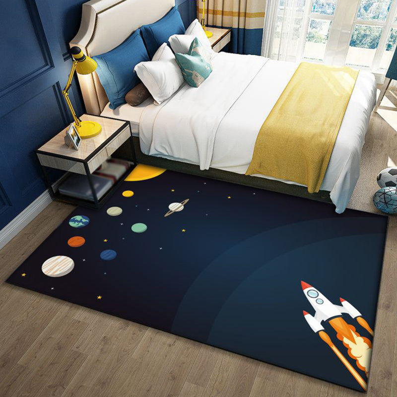 Maliben | Stylish Outer Space Pattern Rug Blue And Black Children's Rug Polyester Washable Pet-Friendly Non-Slip Rug For The Children's Room