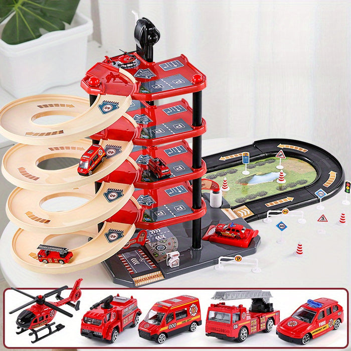 Maliben | Firepark Garage Playset - Multiple Levels With Fire Trucks And Traffic Signs For Adventurous Children