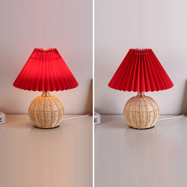 Maliben | Rattalume Nordic Led Table Lamp | Woven Rattan & Foldable Fabric Shade | Mood Light | Decor For The Bedroom