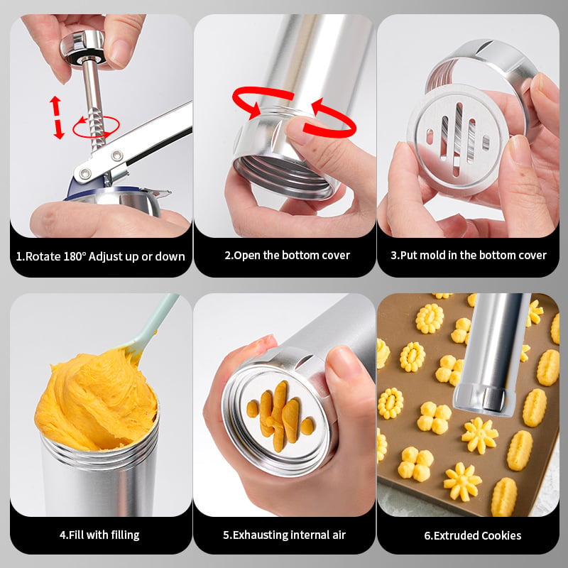 Maliben | Cookie Press Kit | 20 Stainless Steel Discs & 4 Nozzles | Adjustable Size & Easy Clean | Bakejoy