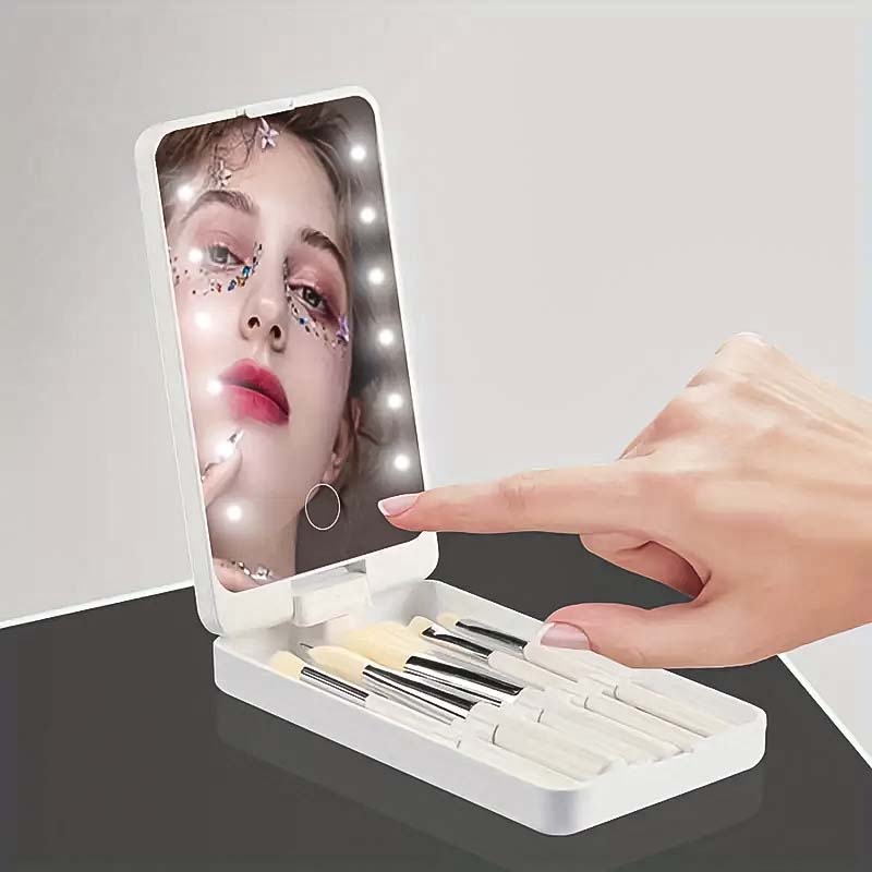 Maliben | Travel Makeup Brush Set With Led Light Mirror