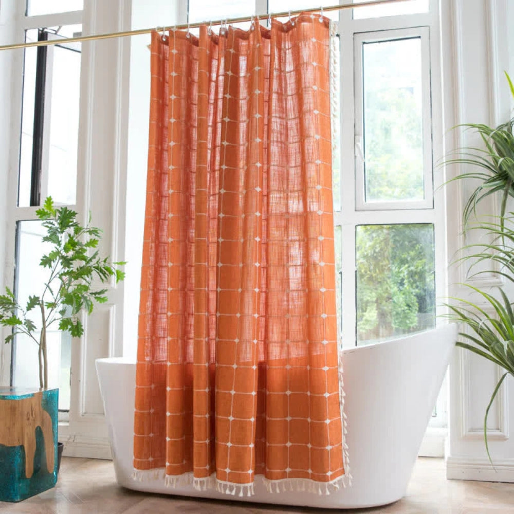Maliben | Cotton Linen Shower Curtain Check Print Fringes Waterproof Machine Washable Bathroom Decor