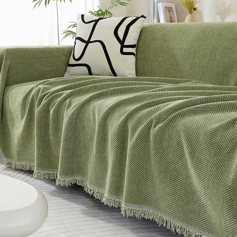 Maliben Chenille Blanket Herringbone Tassel Couch Cover