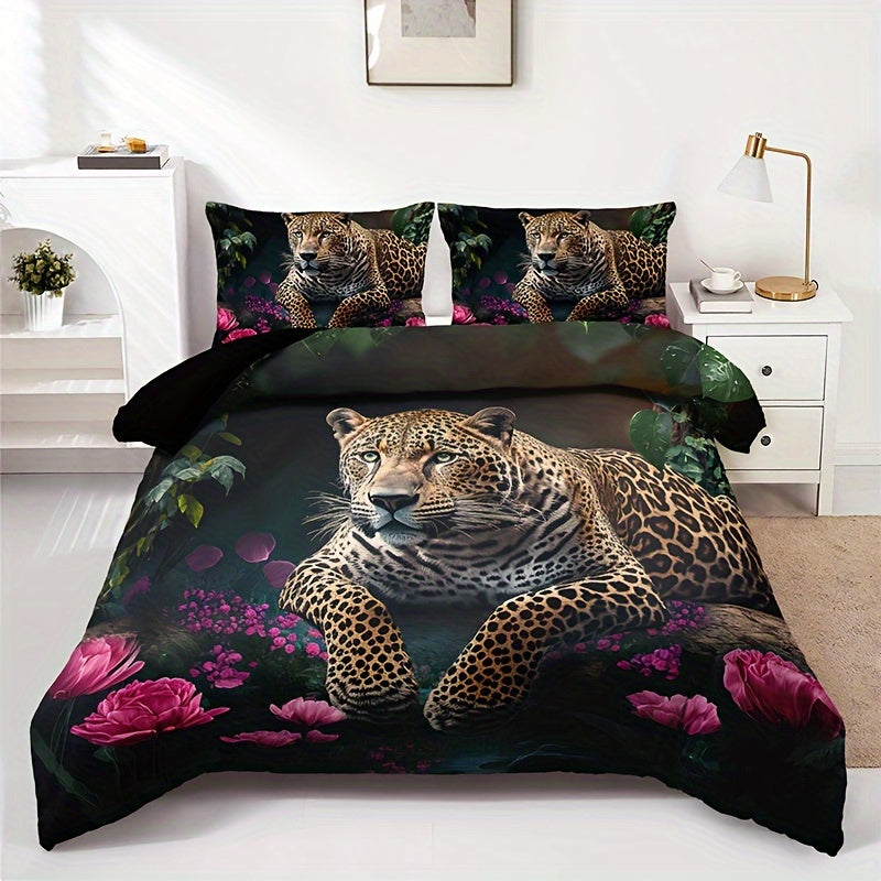 Maliben | Luxurious Animal Print Bedding Set With Rose Pattern - 3-Piece