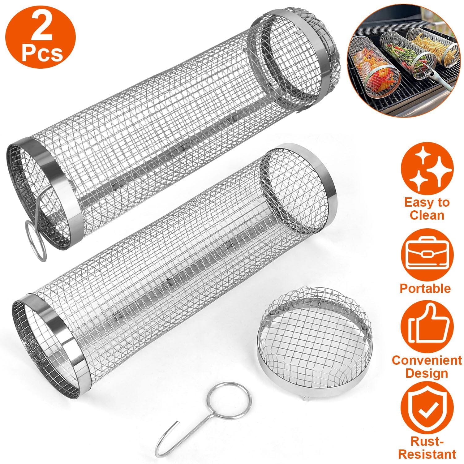 Maliben | 2-Piece: Portable Bbq Rolling Basket Round Stainless Steel Grill