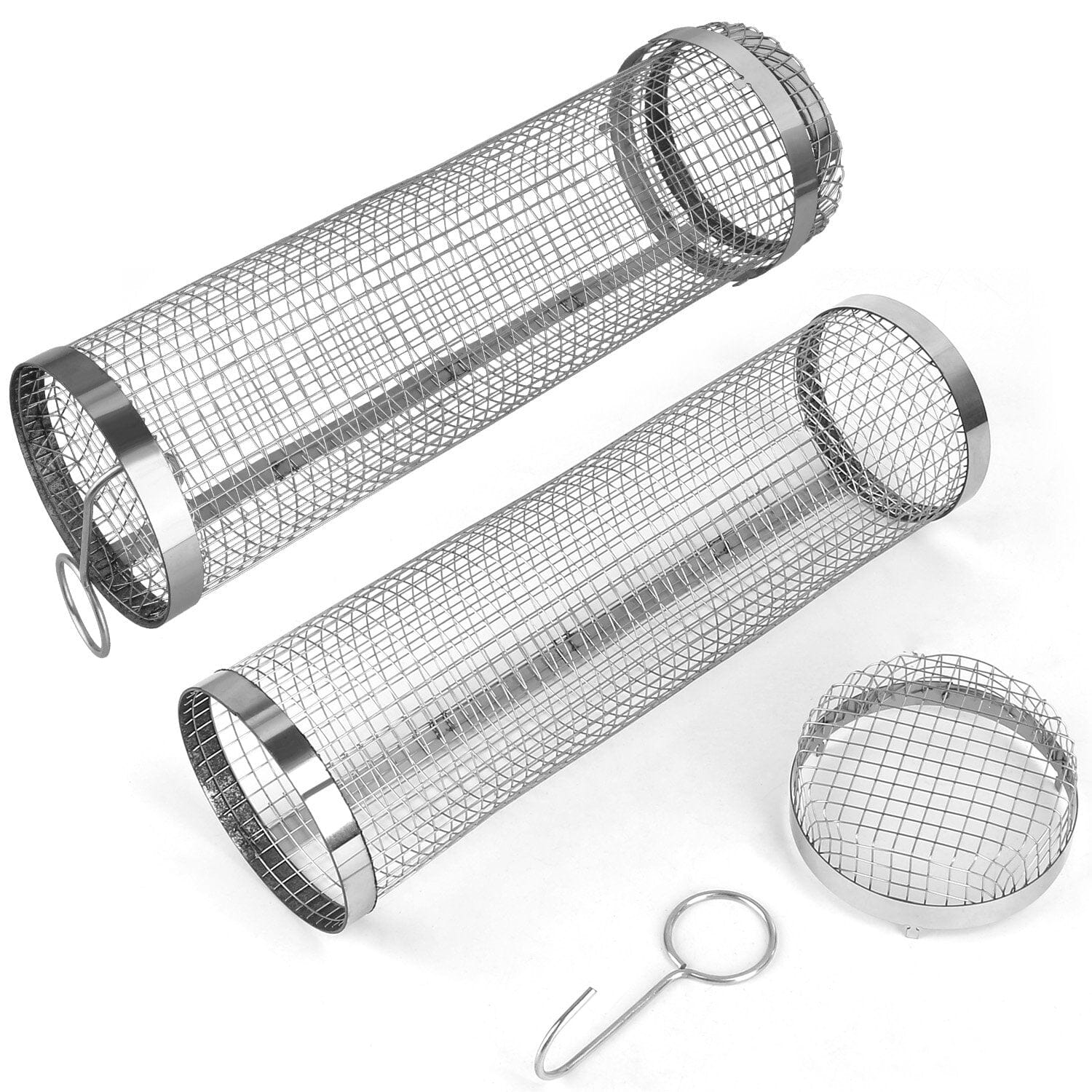 Maliben | 2-Piece: Portable Bbq Rolling Basket Round Stainless Steel Grill