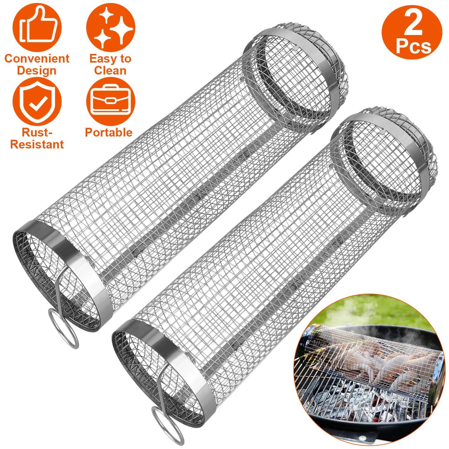 Maliben | 2-Piece: Portable Bbq Rolling Basket Round Stainless Steel Grill