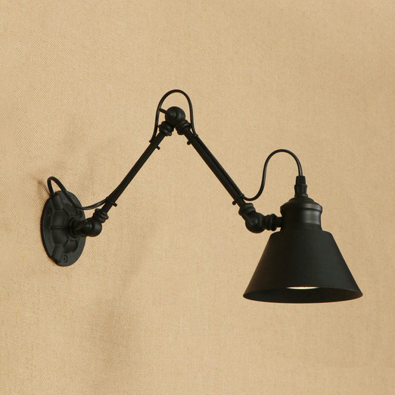 Maliben | 1 Head Cone-Shaped Wall Mount Retro Style Black/Chrome Metal Swing Arm Wall Light For The Study