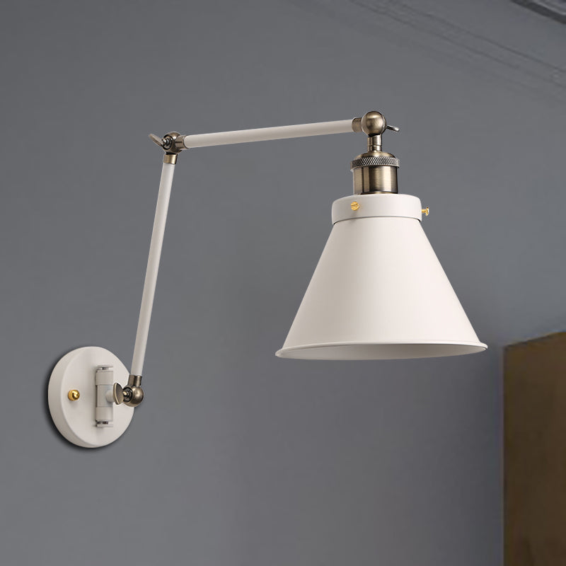 Maliben | Cone Wall Lamp Fixture Industrial Style Metal 1 Bulb Black/White Wall Light With Swing Arm For Bedroom