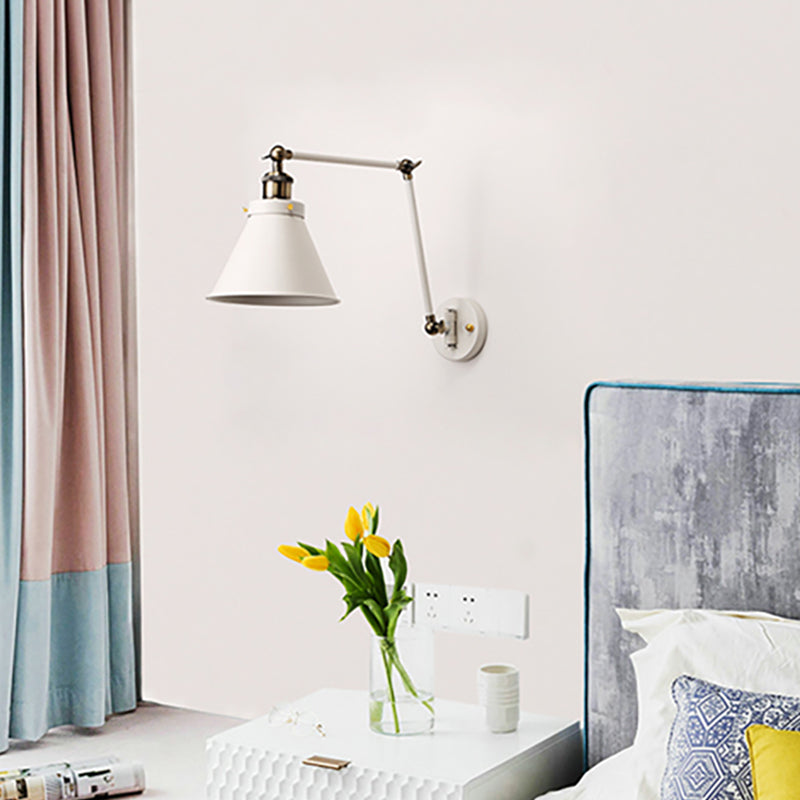 Maliben | Cone Wall Lamp Fixture Industrial Style Metal 1 Bulb Black/White Wall Light With Swing Arm For Bedroom