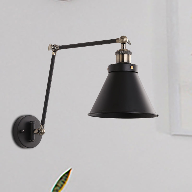 Maliben | Cone Wall Lamp Fixture Industrial Style Metal 1 Bulb Black/White Wall Light With Swing Arm For Bedroom
