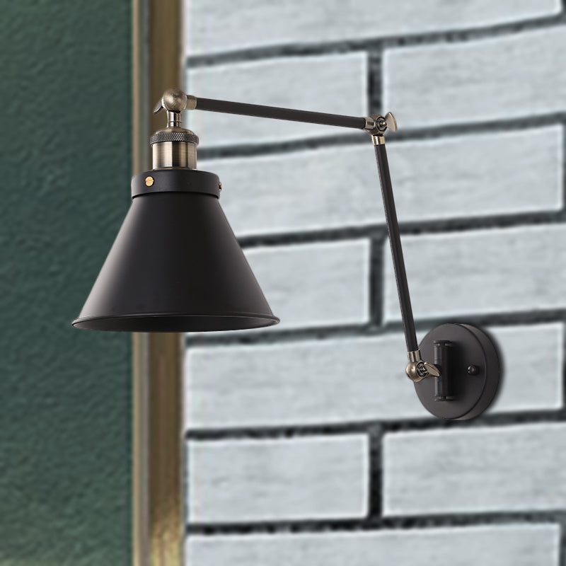 Maliben | Cone Wall Lamp Fixture Industrial Style Metal 1 Bulb Black/White Wall Light With Swing Arm For Bedroom