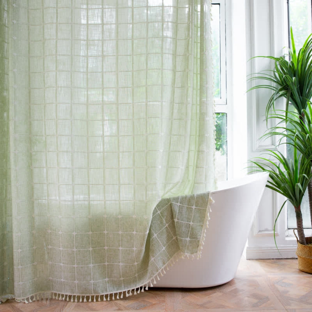 Maliben | Cotton Linen Shower Curtain Check Print Fringes Waterproof Machine Washable Bathroom Decor
