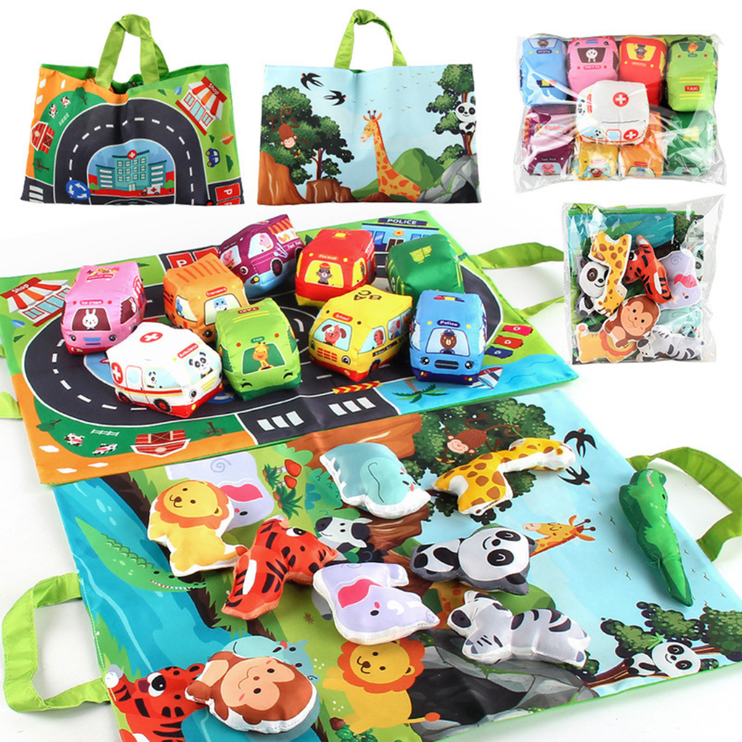 Maliben | 2in1 Sensory Plush Toy Cars With Road Mat And Bag For On The Go