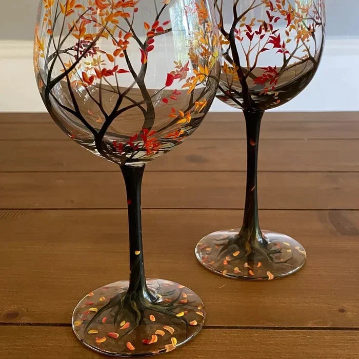 Maliben | Hand Painted Four Seasons Tree Wine Glasses | Unique Art