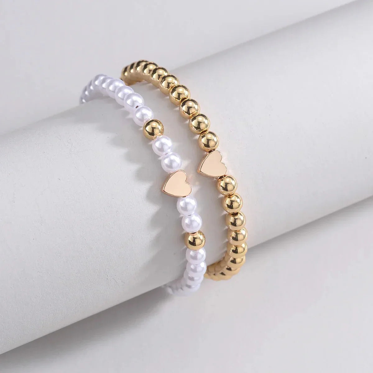 Maliben | 2pcs Classy White & Gold Beaded Heart Bracelets