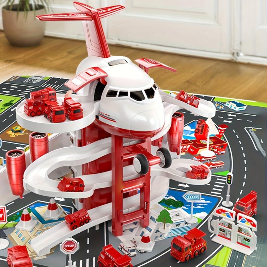 Maliben | Skyrescue | Adventurous Play Fun - Airplane And Fire Truck Playset With Play Mat