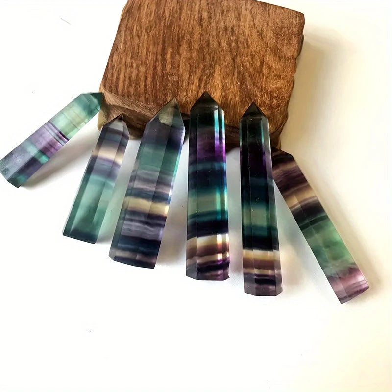 Natural Crystal Rainbow Fluorite Six-Sided Single-Pointed Pillar Ornaments Blue-Green Purple Fluorite Hexagonal Column Crystal Column