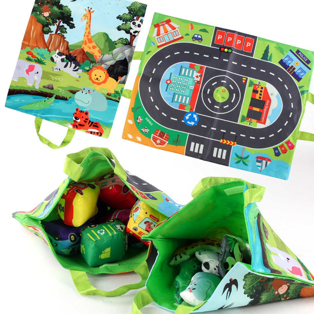 Maliben | 2in1 Sensory Plush Toy Cars With Road Mat And Bag For On The Go