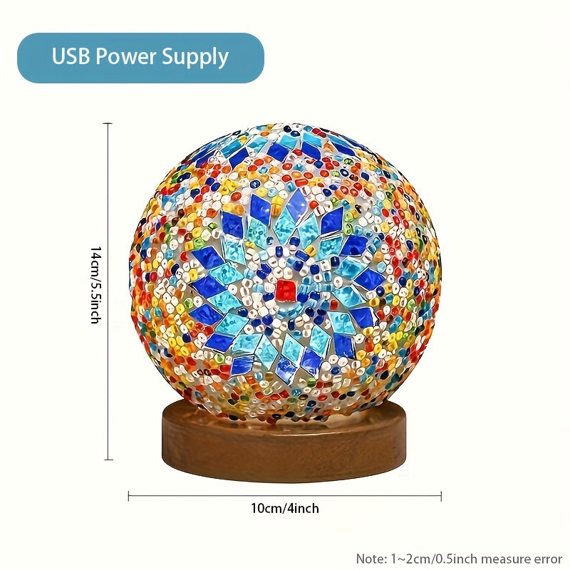 Maliben | Mosaic Glass Ball Table Lamp With Wooden Base - Turkish Moroccan Inspired