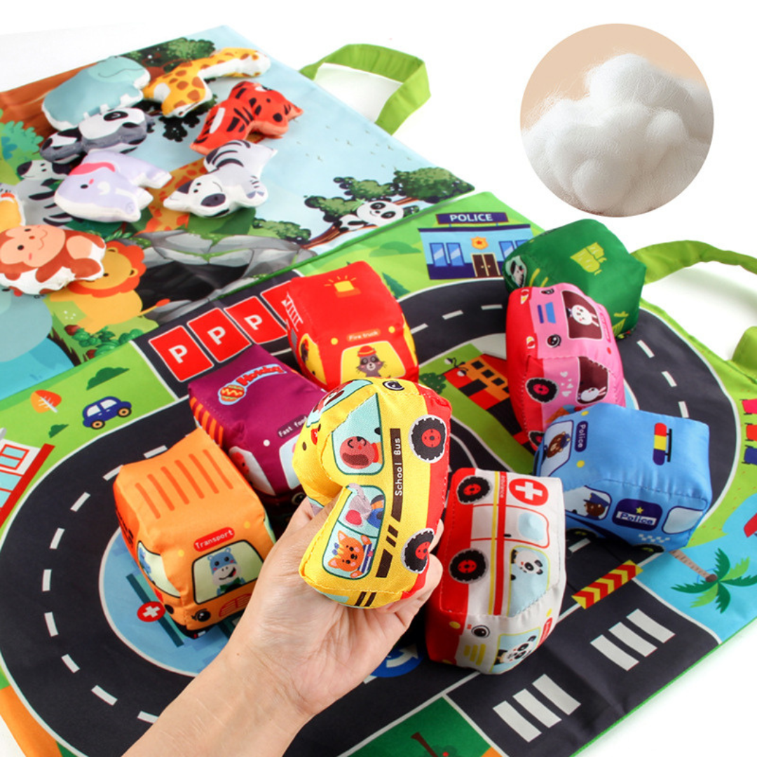 Maliben | 2in1 Sensory Plush Toy Cars With Road Mat And Bag For On The Go