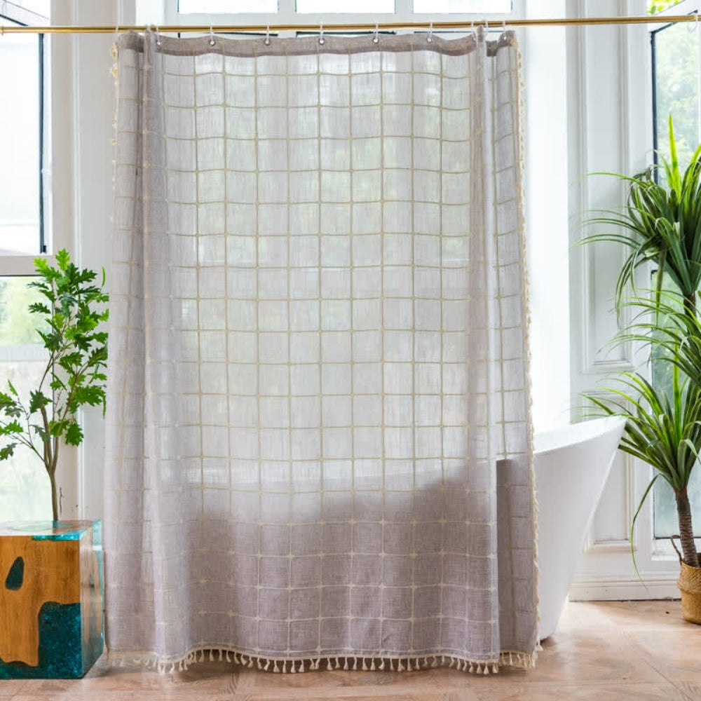 Maliben | Cotton Linen Shower Curtain Check Print Fringes Waterproof Machine Washable Bathroom Decor