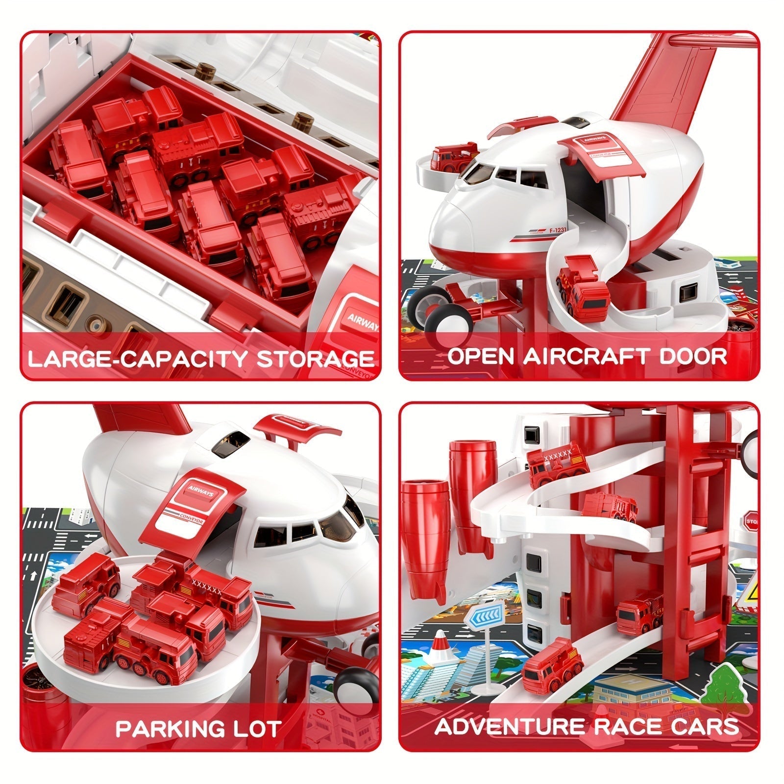 Maliben | Skyrescue | Adventurous Play Fun - Airplane And Fire Truck Playset With Play Mat