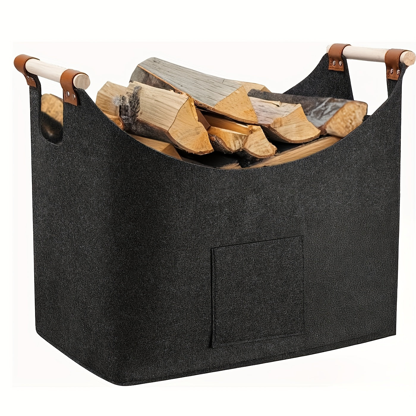 Maliben | Felt Log Basket Feldura | Collapsible | 55l Volume | With Wooden Handles & Leather Details | Dark Gray