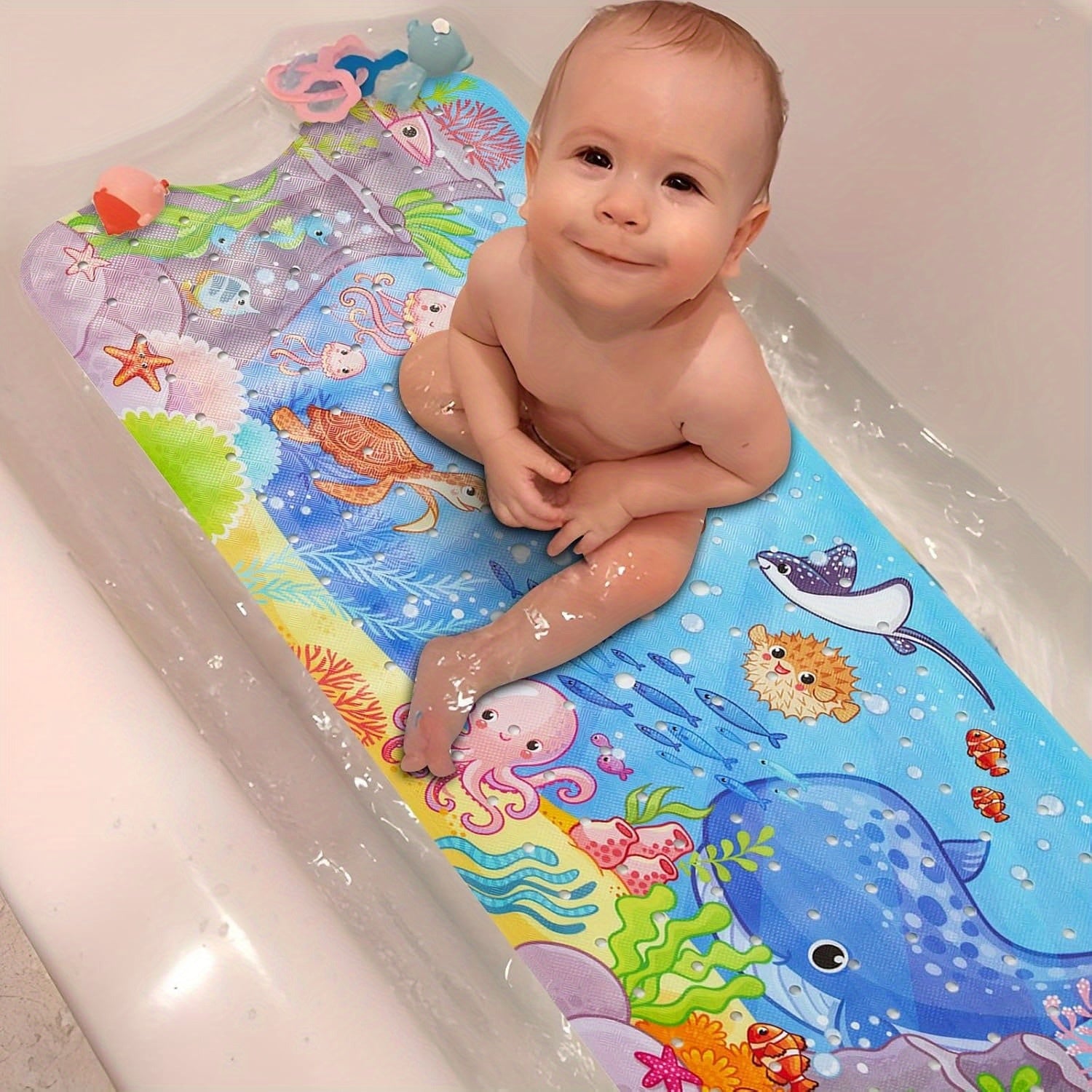 Maliben | Non-Slip Bathtub Mat Aquabuddy | Extra Long & Washable | With Sea Motif & Suction Cups | For Kids' Bath
