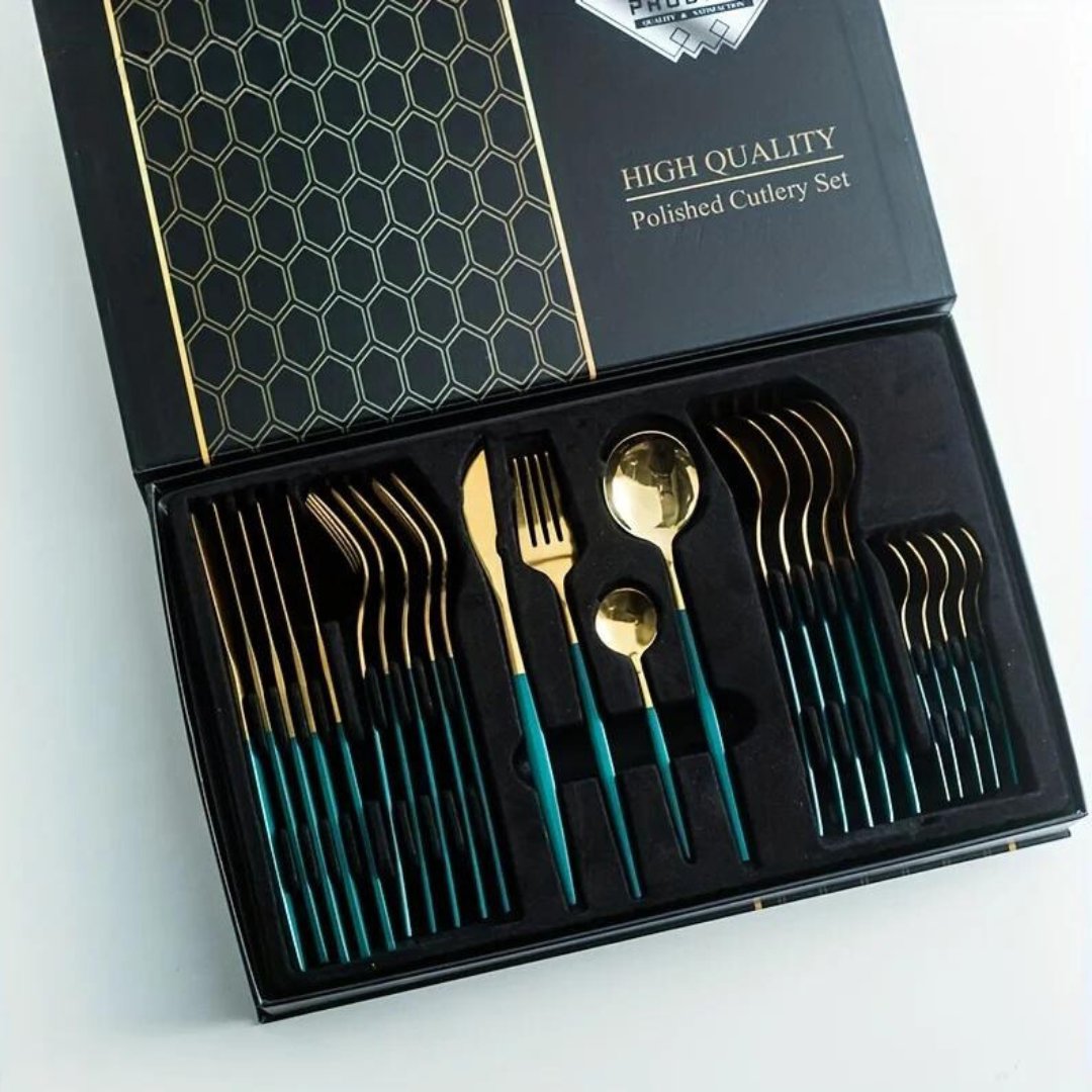 Maliben | Golden Cutlery Set Luxury – 24-Piece For Stylish Dining Experience