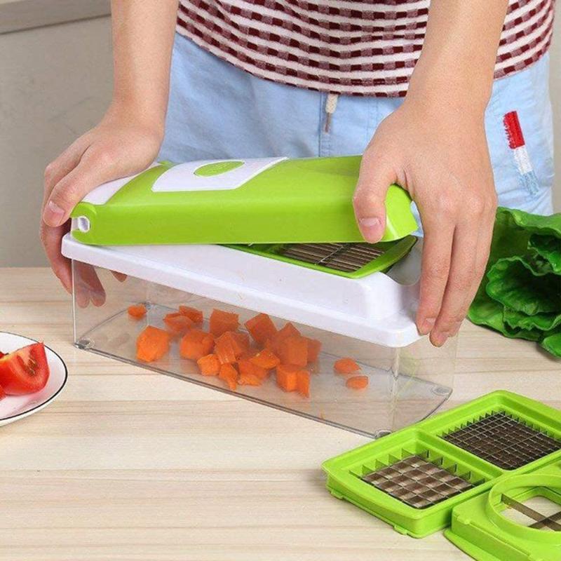 Maliben | Cutmate Multifunctional Vegetable Cutter 12-In-1 | With Collection Container & Finger Guard | Stainless Steel Blades | Compact & Safe