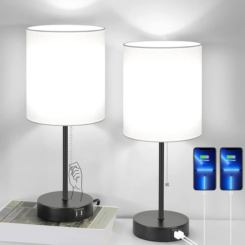 Maliben | Table Lamp Set Of 2 With Usb Charging Ports, Gray Bedside Lamps With Ac Outlet, Bedside Lamps With Pull Switch, Minimalist Modern Desk Lamps With Fabric Shade For Living Room Bedroom Office