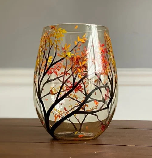 Maliben | Hand Painted Four Seasons Tree Wine Glasses | Unique Art