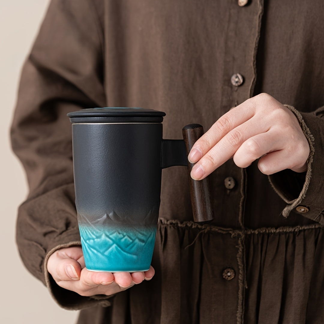 Maliben | Teacraft Ceramic Mug | Handmade | With Tea Infuser & Wooden Handle | Retro Design