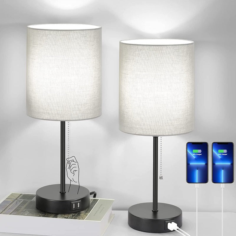 Maliben | Table Lamp Set Of 2 With Usb Charging Ports, Gray Bedside Lamps With Ac Outlet, Bedside Lamps With Pull Switch, Minimalist Modern Desk Lamps With Fabric Shade For Living Room Bedroom Office