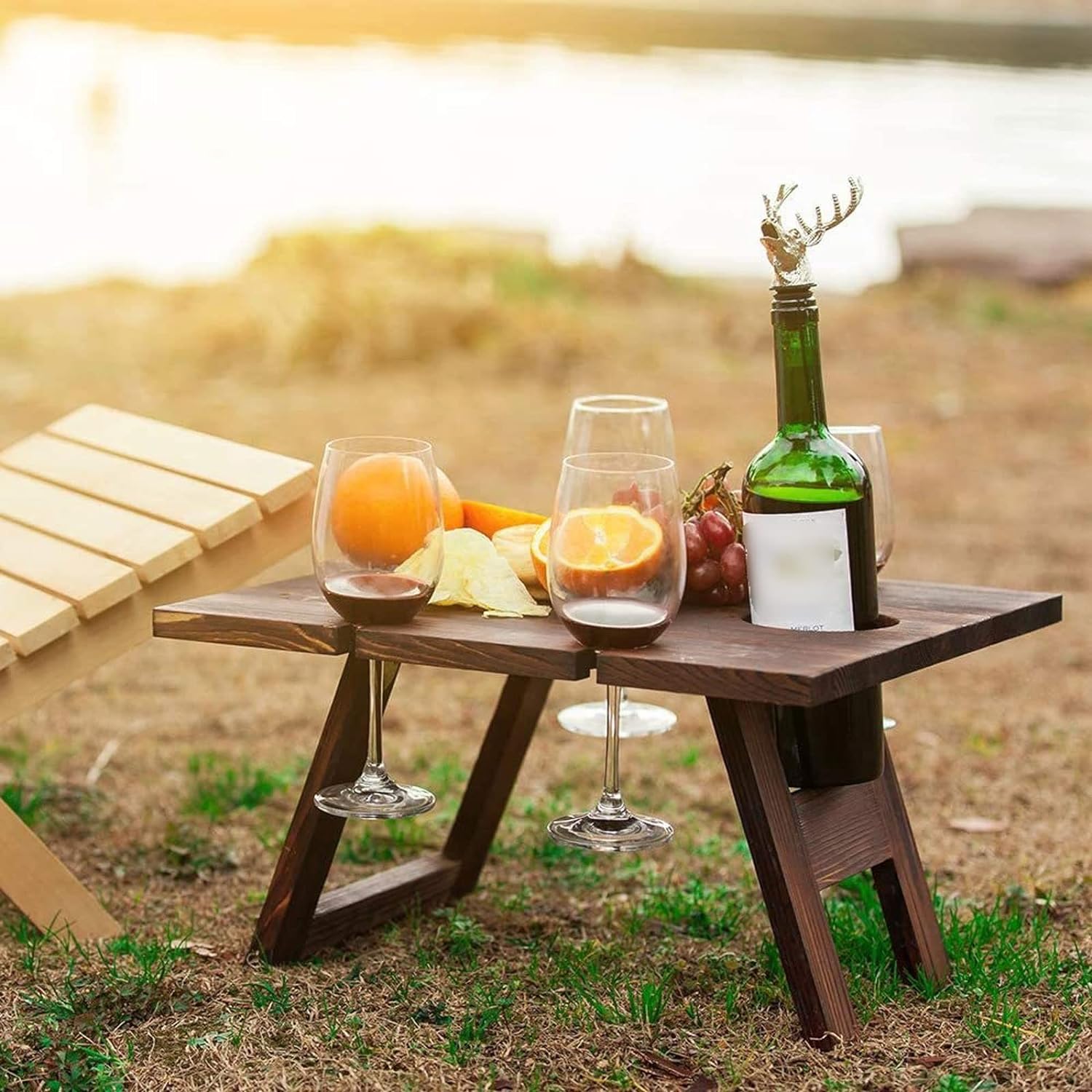 Maliben | Portable Wine Table Vinlora Foldwood | Foldable & Mobile | Made Of Wood | With Bottle & Glass Holder | For Picnic, Garden & Camping