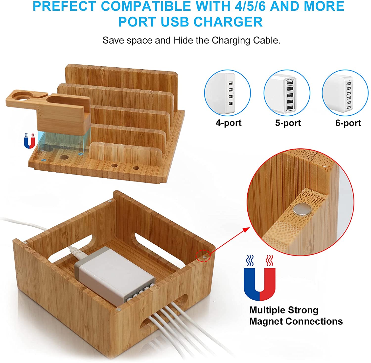 Maliben | Tekavo Chargedock Charging Station Made Of Bamboo | 5-Port Usb & Organizer | For Smartphone, Tablet & Smartwatch | Incl. Cable Set